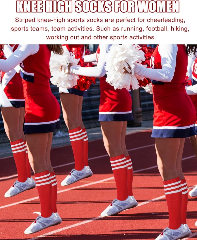 Chuarry 20 Pairs Red Knee High Socks for Women Classic Stripe Tube Outdoor Casual Athletic Socks Bulk for Cheerleading Activities Sport Spirit Event Wear - Image 4